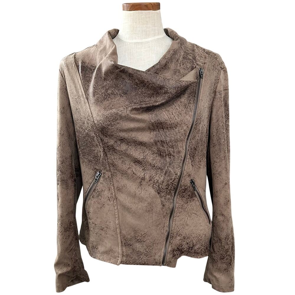 Chelsea Theodore Distressed Faux Suede Draped Moto Jacket Asymmetric Zip Sm